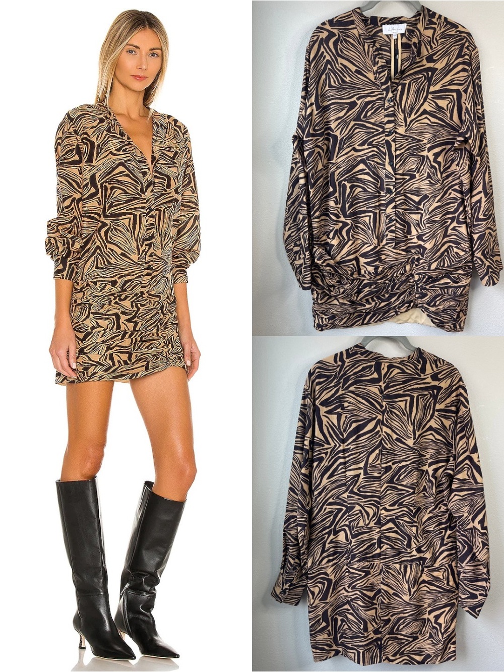 L'Academie Mini Dress Tan Brown Zebra Print Ruched Silk Blend Long Sleeve S